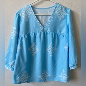 EUC Light Blue V-Neck Embroidered Peasant Top 1x